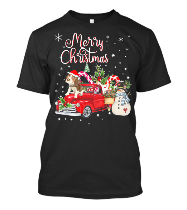 Merry Christmas Beagle Dog In Santa Hat Riding Red Truck With Candy Canes And Snowman T-Shirt