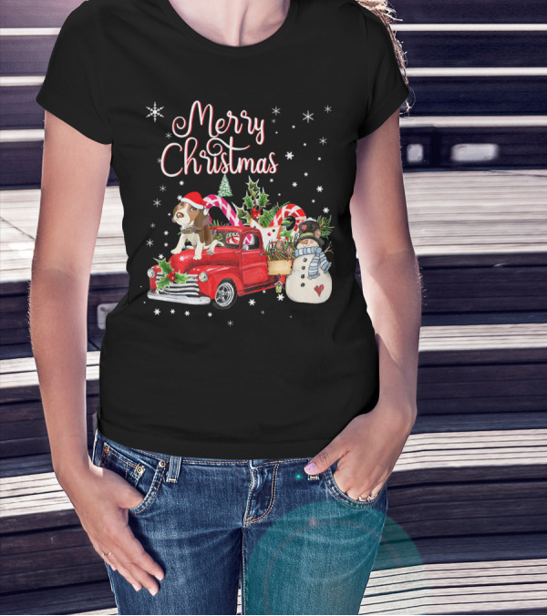Merry Christmas Beagle Dog In Santa Hat Riding Red Truck With Candy Canes And Snowman T-Shirt