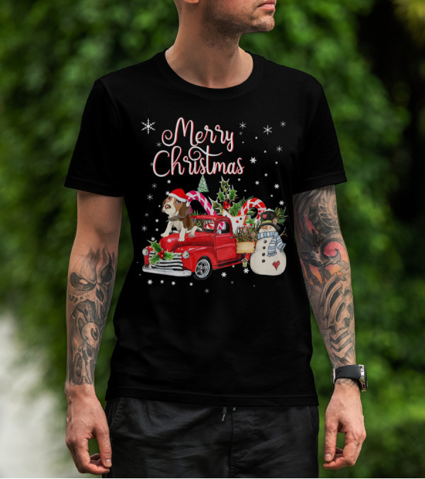 Merry Christmas Beagle Dog In Santa Hat Riding Red Truck With Candy Canes And Snowman T-Shirt