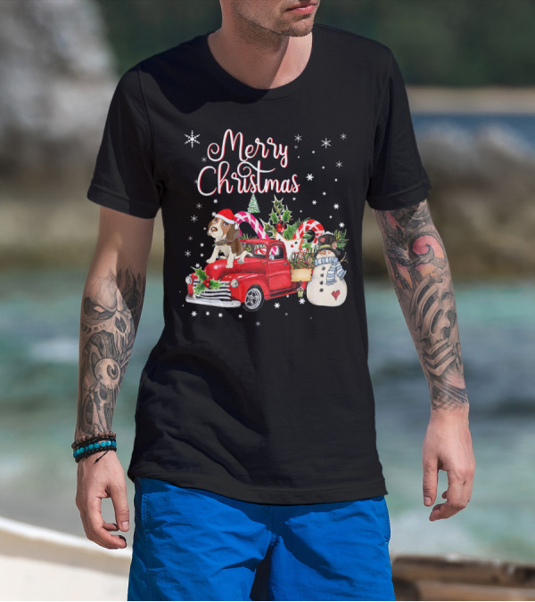 Merry Christmas Beagle Dog In Santa Hat Riding Red Truck With Candy Canes And Snowman T-Shirt