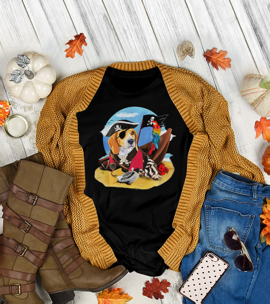 Pirate Beagle with Parrot and Skull Flag on Beach T-Shirt