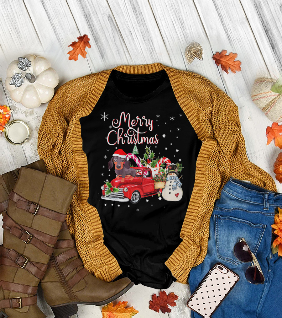 Merry Christmas Dachshund Dog Riding Red Truck with Snowman and Candy Canes T-Shirt
