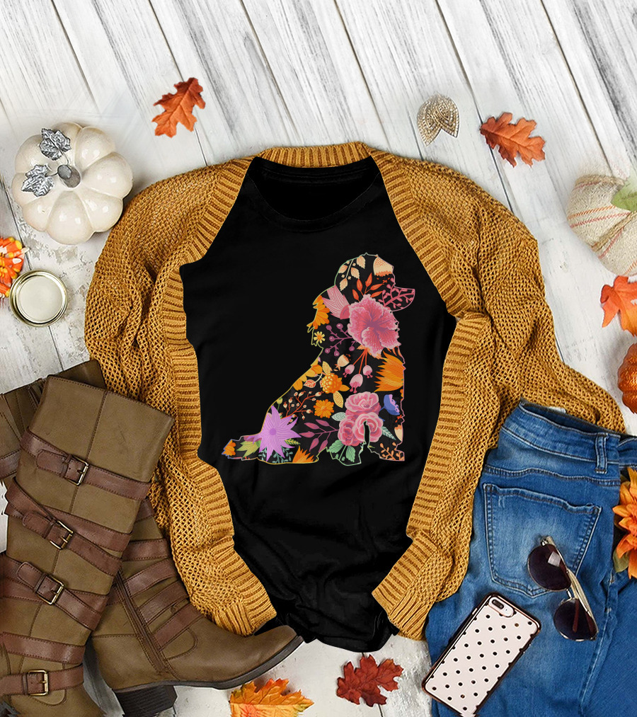 Floral Flower Vintage Retro Tea Cup Poodle Silhouette with Colorful Botanical T-Shirt