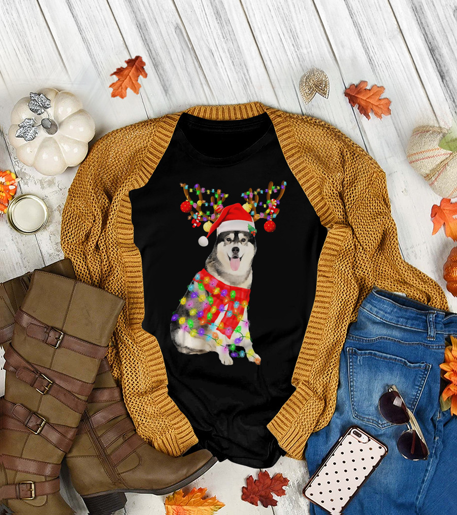 Funny Christmas Siberian Husky Reindeer with Santa Hat and Colorful Holiday Lights T-Shirt
