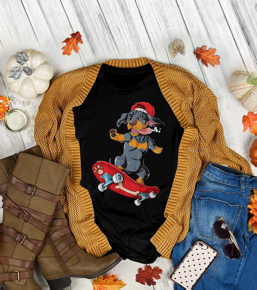 Dachshund Skateboard Wiener Dog in Red Cap with Bone Deck T-Shirt