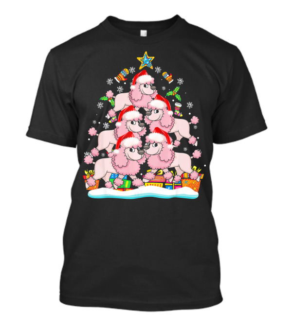 Funny Poodle Christmas Tree Ornament With Santa Hats And Presents T-Shirt