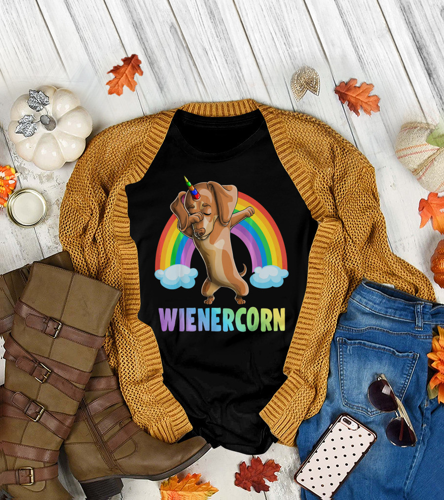 Wienercorn Dabbing Dachshund with Rainbow and Unicorn Horn T-Shirt