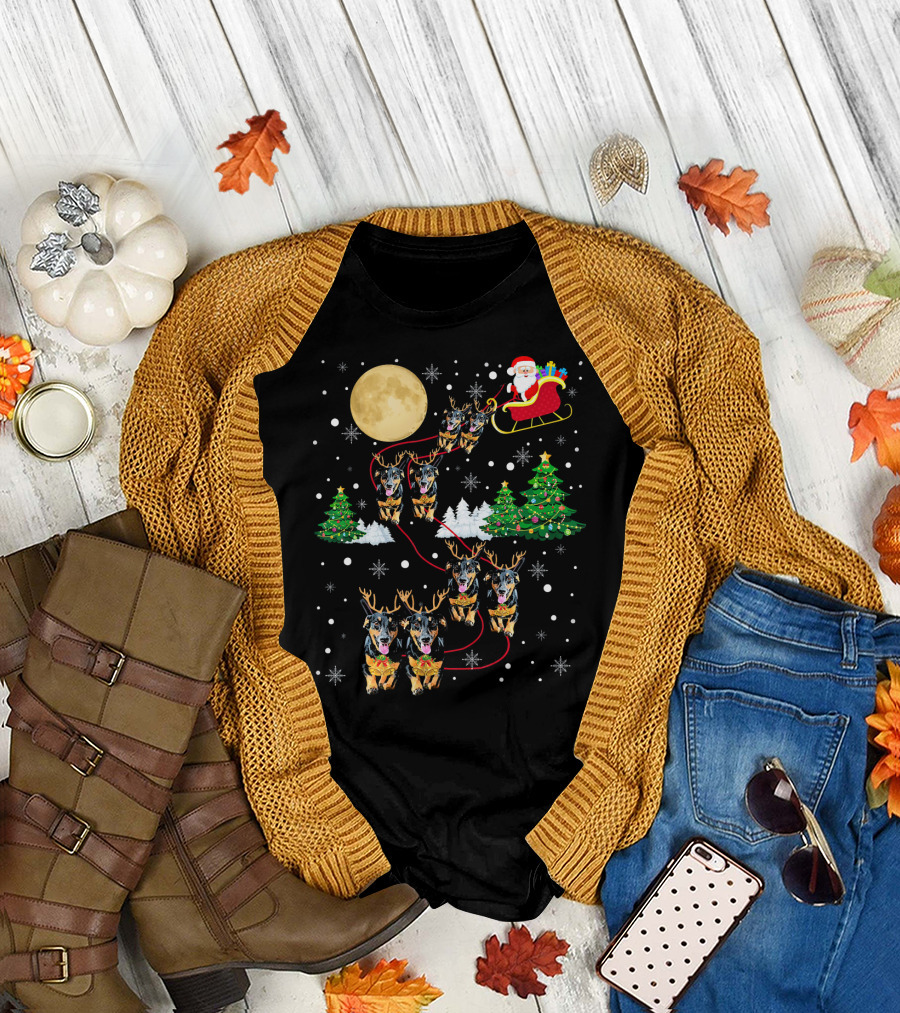 Santa Sleigh with Dachshund Reindeer and Christmas Tree Scene T-Shirt