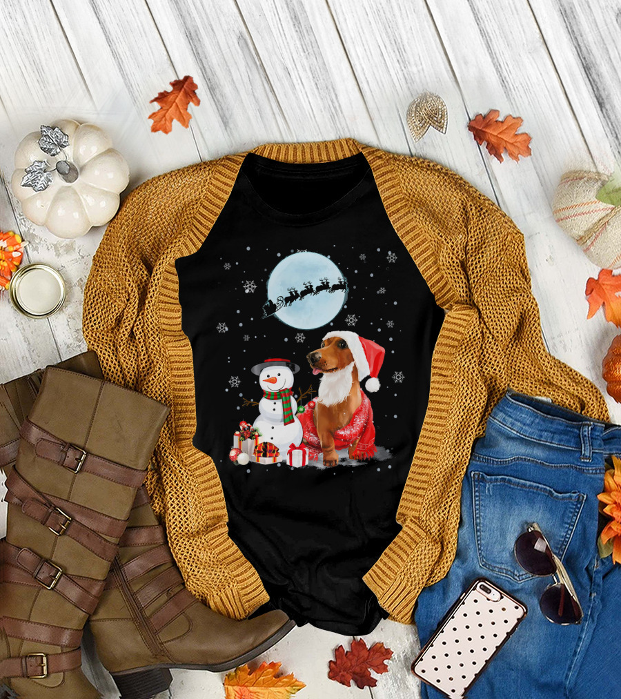 Dachshund Snowman Santa Hat Presents Reindeer Moon Snowflakes T-Shirt