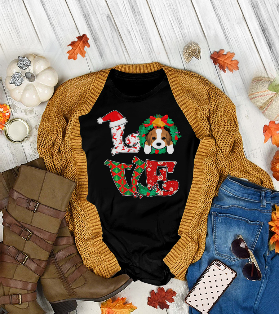 Funny Beagle Dog Xmas Love Party Holiday Wreath T-Shirt