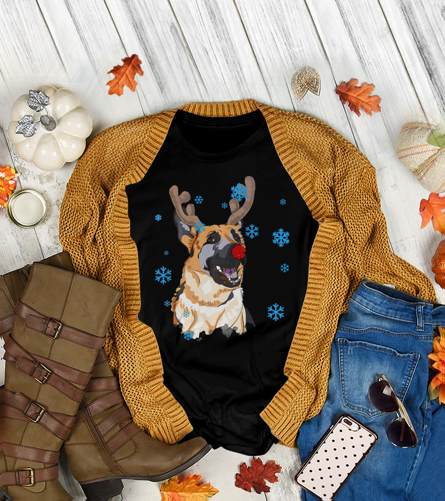 German Shepherd Reindeer with Snowflakes T-Shirt