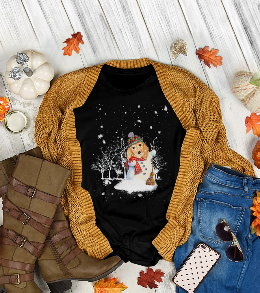 Dachshund as Winter Snowman with Christmas Hat and Scarf in Snowy Forest Scene T-Shirt