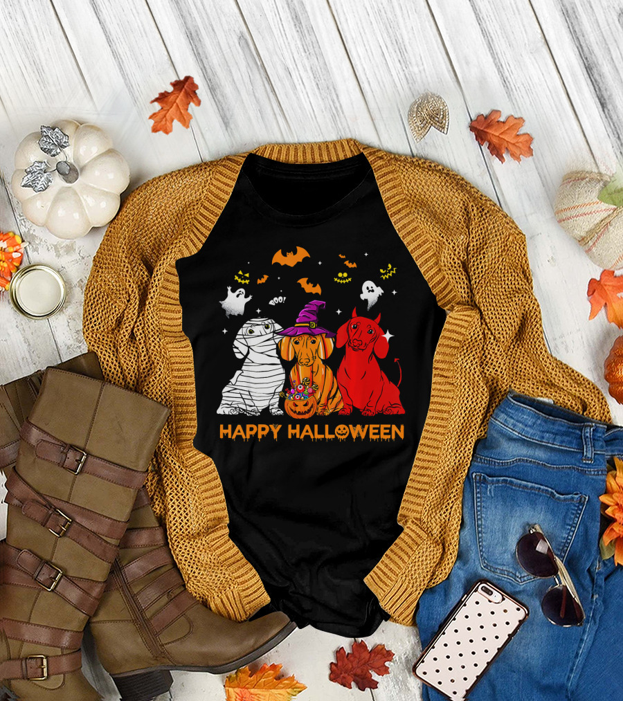 Happy Halloween Dachshund Ghost Mummy Witch Pumpkin T-Shirt
