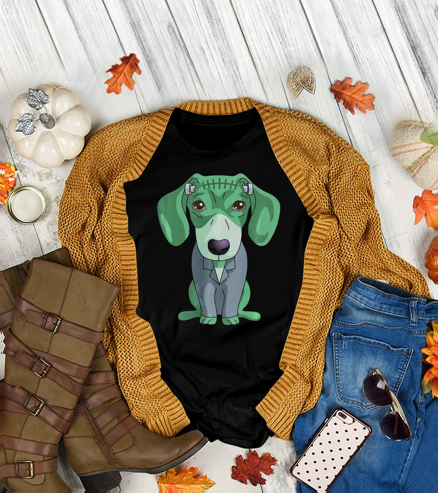 Frankenstein Dachshund Monster Costume Canine Stitch Bolts Green T-Shirt