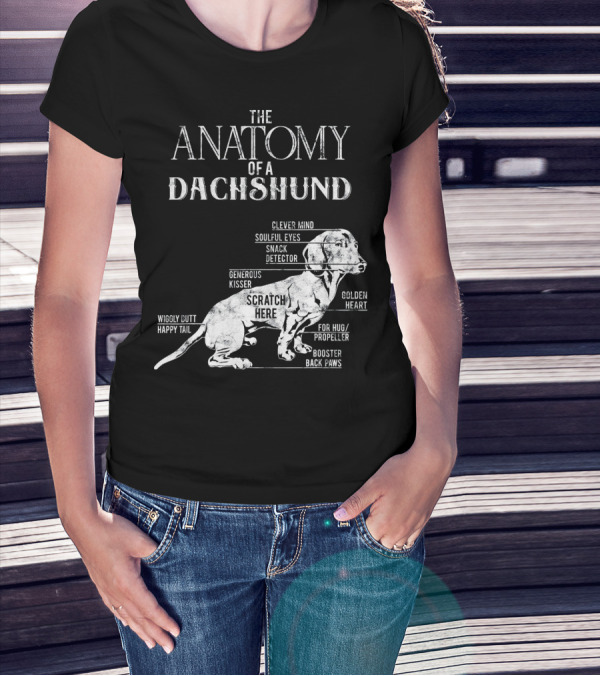The Anatomy Of A Dachshund Clever Mind Soulful Eyes Snack Detector Generous Kisser Scratch Here Golden Heart Wiggly Butt Happy Tail For Hug Propeller Booster Back Paws T-Shirt