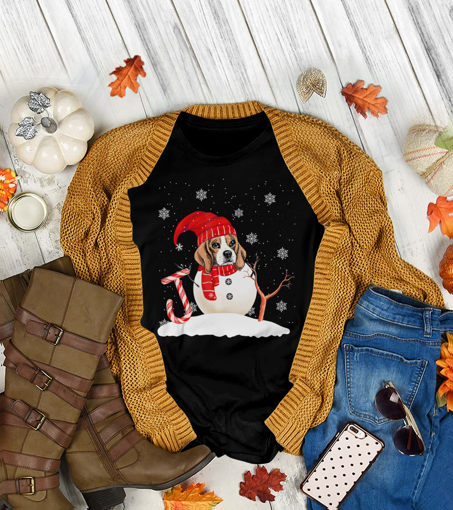 Funny Beagle Snowman Christmas Joy with Candy Cane and Snowflakes T-Shirt