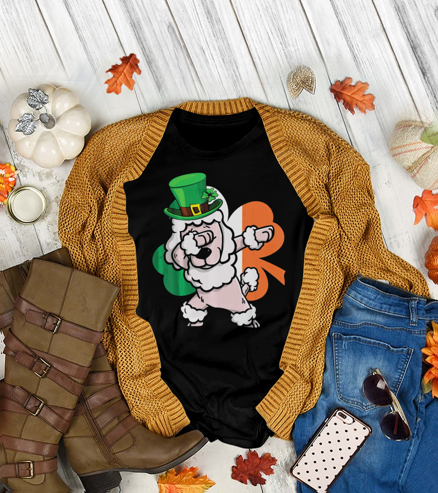 Dabbing Poodle with Shamrock Hat and Irish Flag Colors T-Shirt