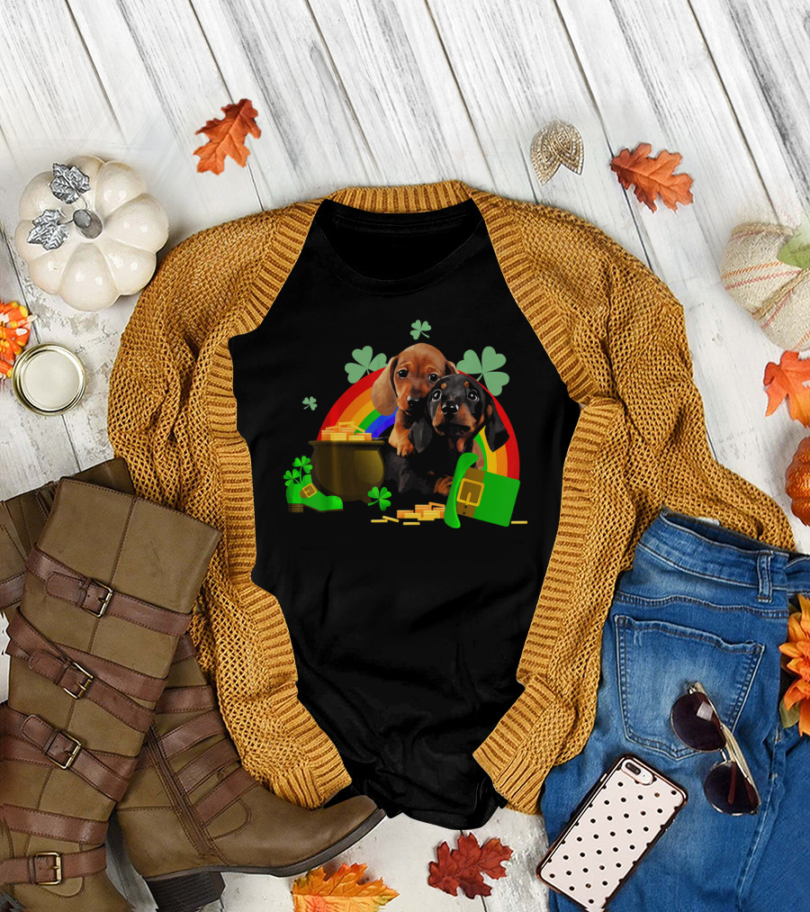 Dachshund Puppies and Lucky Clover Treasures Under Rainbow T-Shirt