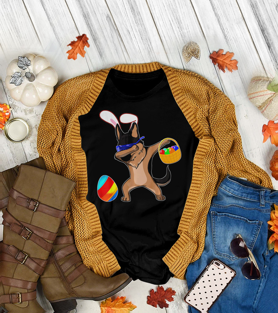 Easter Bunny Ears Dabbing German Shepherd Dog with Basket and Colorful Egg T-Shirt