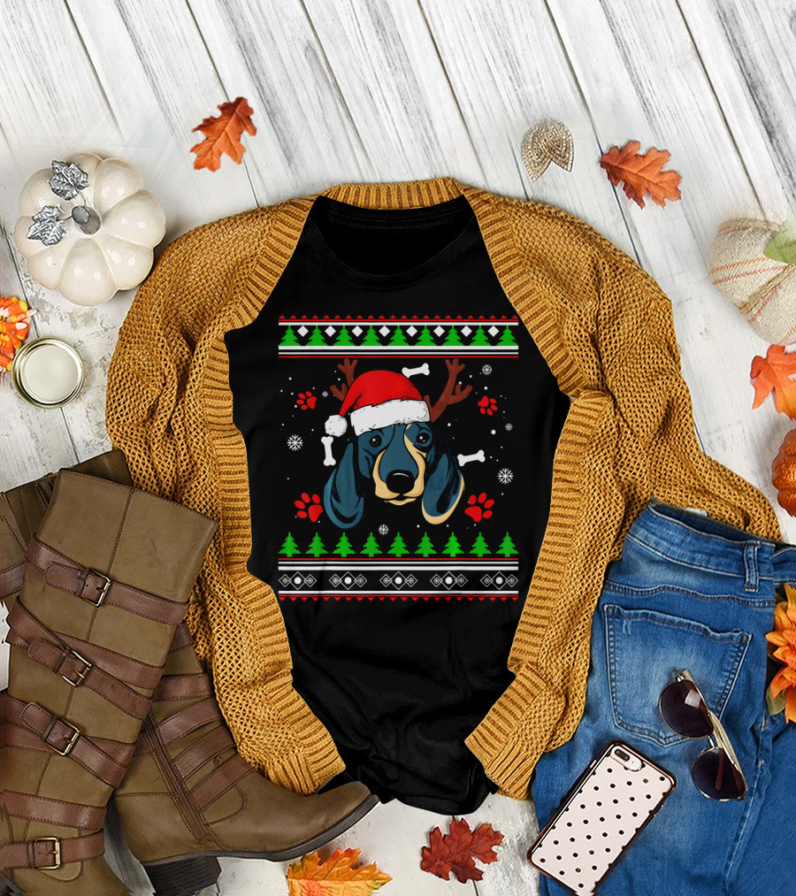 Dachshund Christmas Reindeer Hat Santa Paws Ugly T-Shirt
