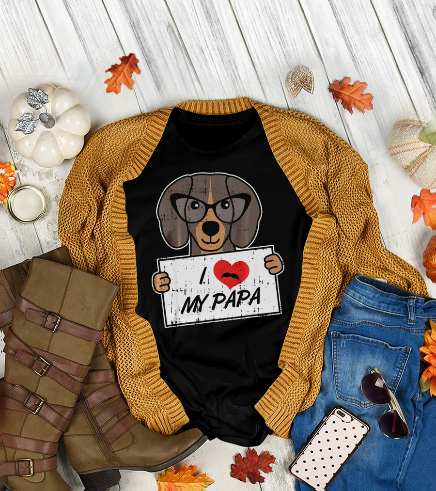 Dachshund I Love My Papa Dog Dad Moustache Glasses T-Shirt