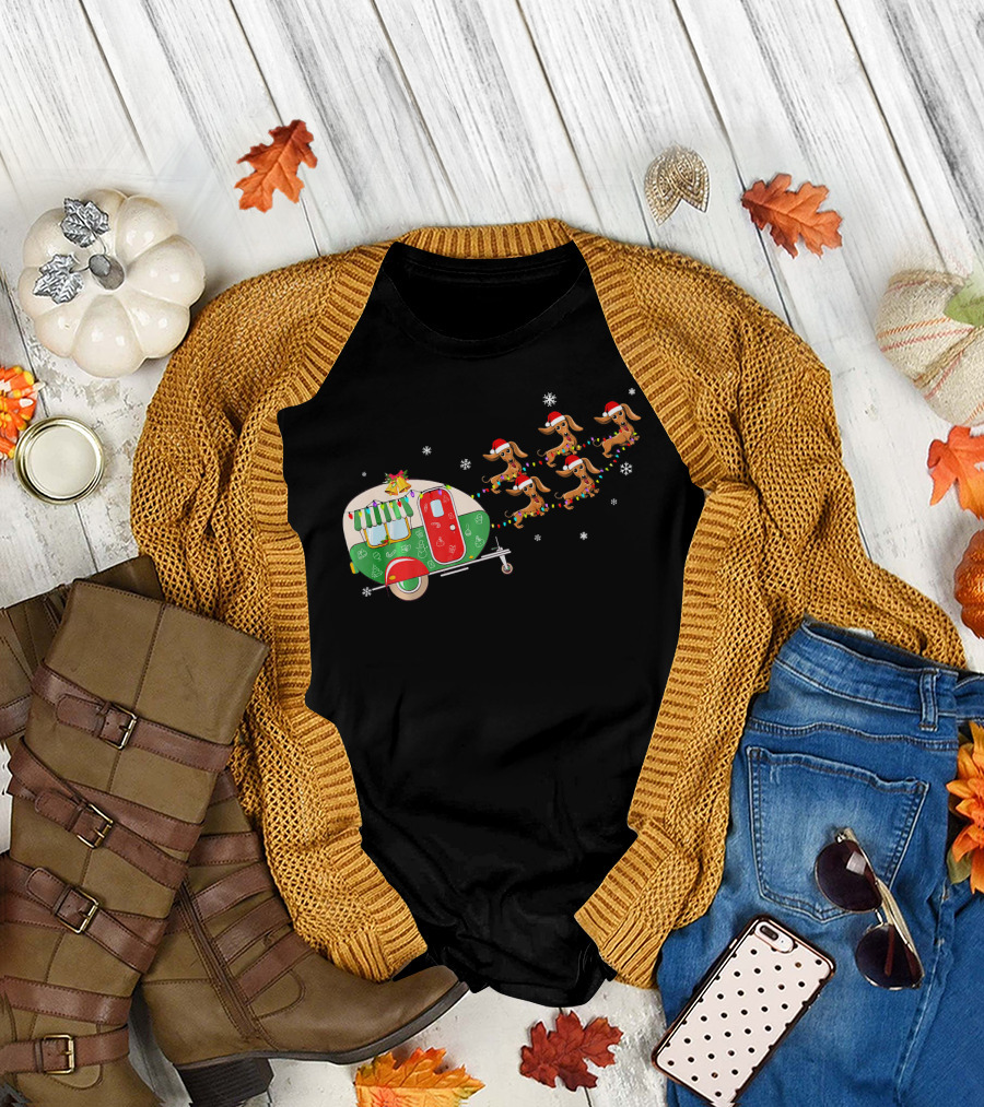 Dachshund Christmas Camper Sleigh with Santa Hats and Snowflakes T-Shirt