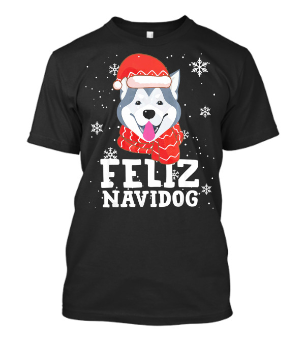 Feliz Navidog Siberian Husky Christmas Santa Hat And Scarf T-Shirt