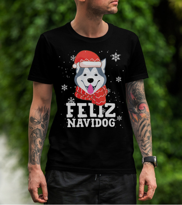 Feliz Navidog Siberian Husky Christmas Santa Hat And Scarf T-Shirt