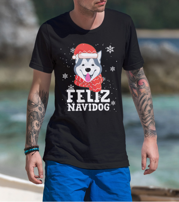 Feliz Navidog Siberian Husky Christmas Santa Hat And Scarf T-Shirt