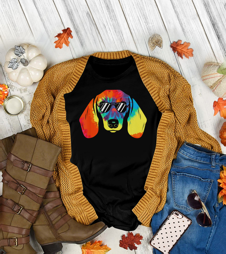 Dachshund Cute Tie Dye Sunglasses Rainbow Colorful T-Shirt