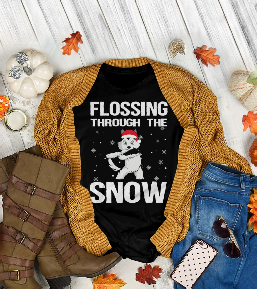 Flossing Through the Snow Husky Santa Hat T-Shirt