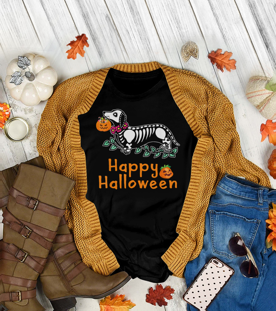 Happy Halloween Dachshund Skeleton Pumpkin T-Shirt