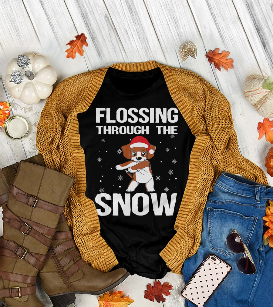 Flossing Through the Snow Beagle Xmas Santa Hat T-Shirt