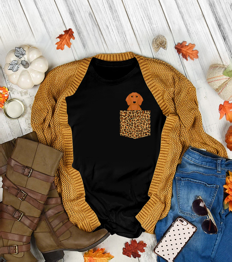 Dog Sitting in Leopard Pocket Dachshund T-Shirt