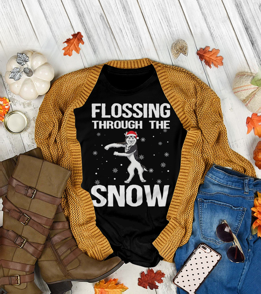 Flossing Through the Snow Husky Santa Hat Xmas T-Shirt