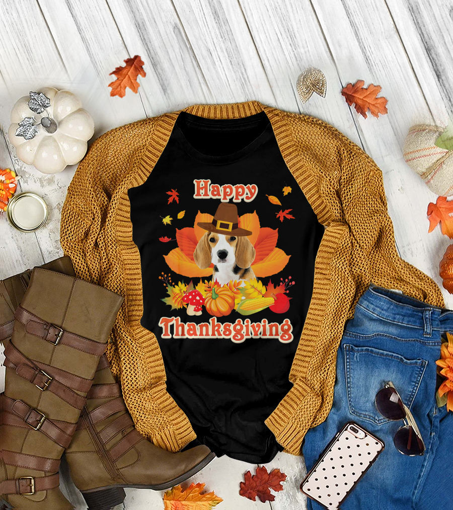 Happy Thanksgiving Beagle Dog Autumn Harvest Hatful of Gratitude T-Shirt
