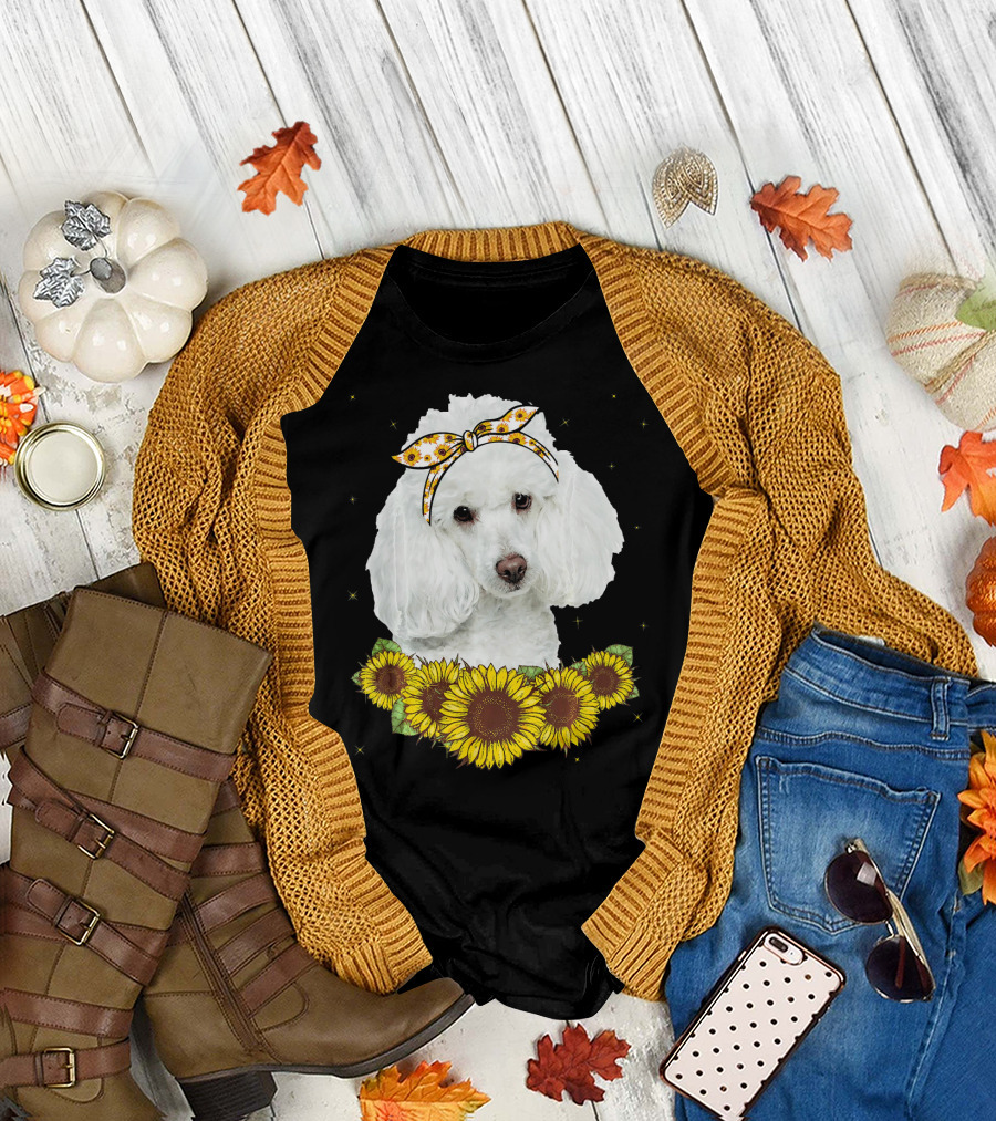 Girls Poodle Dog Sunflower Bandana Cute Floral Stars T-Shirt