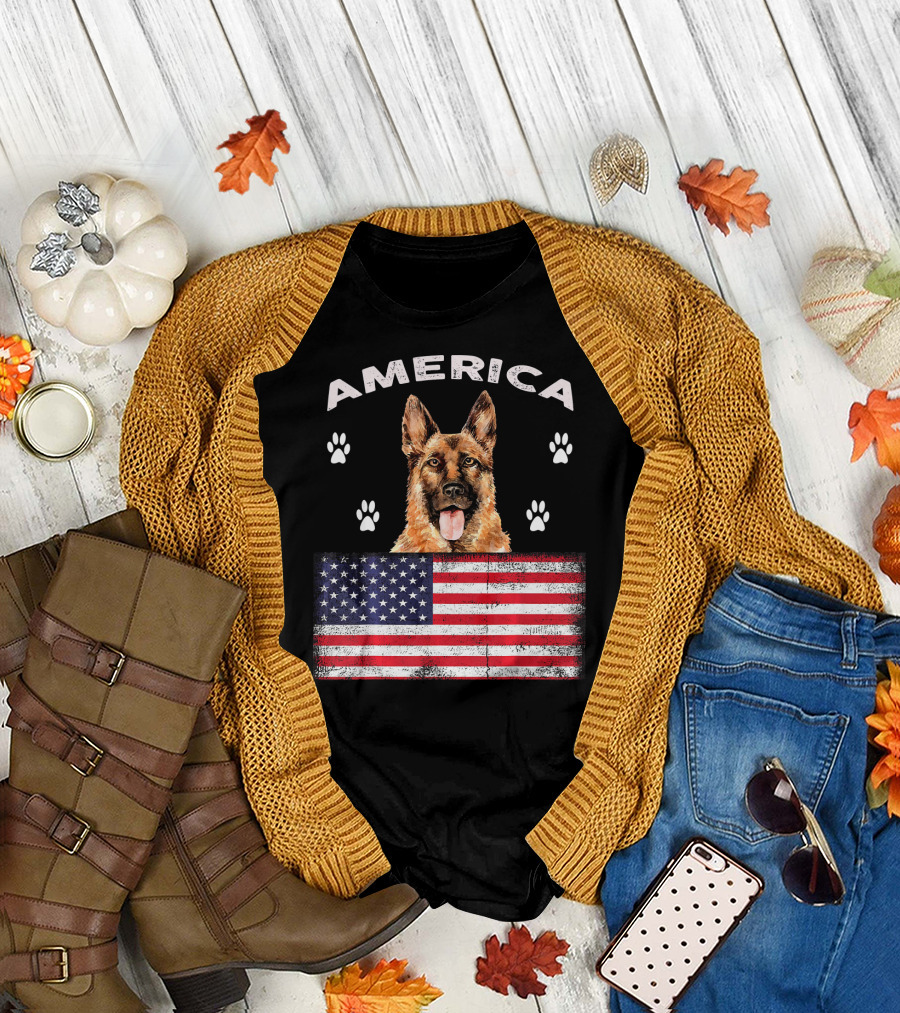 America German Shepherd with American Flag and Paw Prints T-Shirt