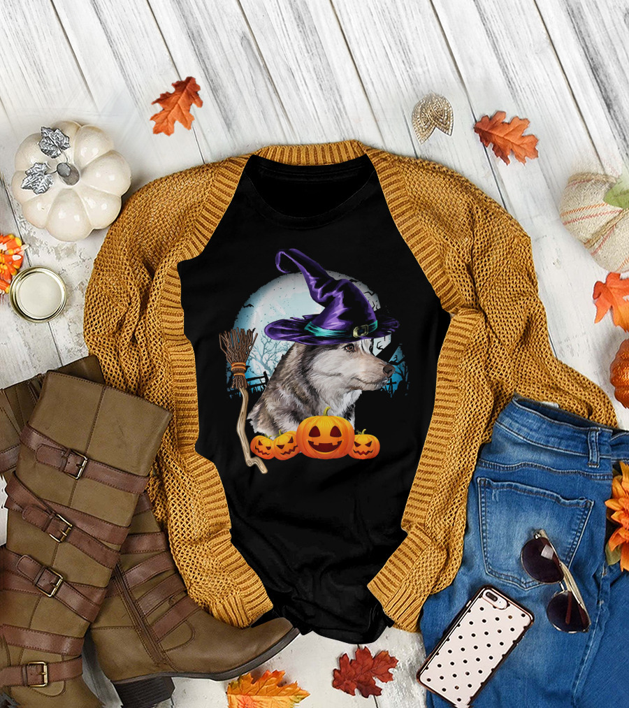 Husky Witch Hat Dog Halloween Broomstick Pumpkins T-Shirt