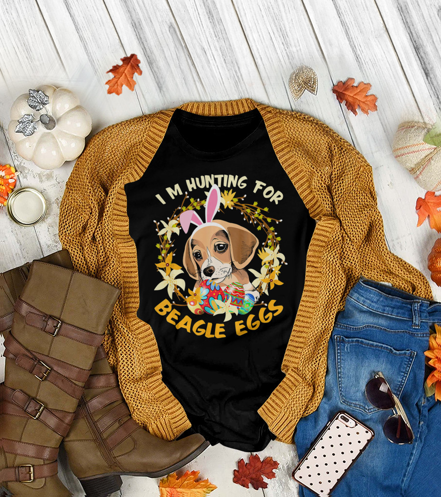 I'm Hunting for Beagle Eggs Easter Puppy with Bunny Ears and Colorful Floral Wreath T-Shirt