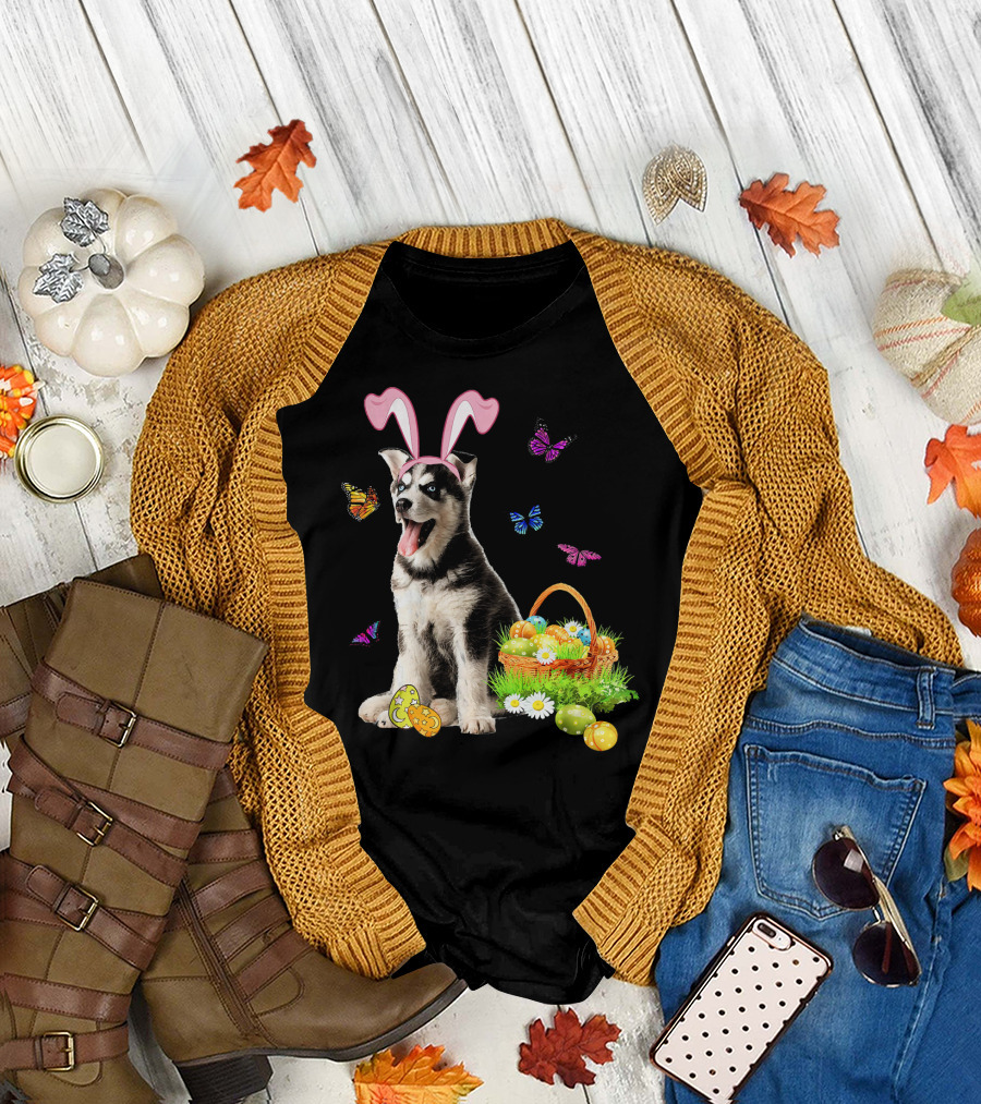 Husky Sibir Bunny Hat Rabbit Easter Eggs Basket Butterflies T-Shirt