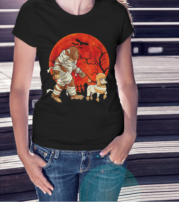 Halloween Bigfoot Mummy Walking Dog In Front Of Full Moon And Bats T-Shirt