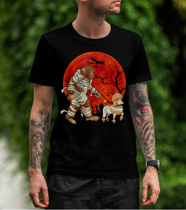 Halloween Bigfoot Mummy Walking Dog In Front Of Full Moon And Bats T-Shirt