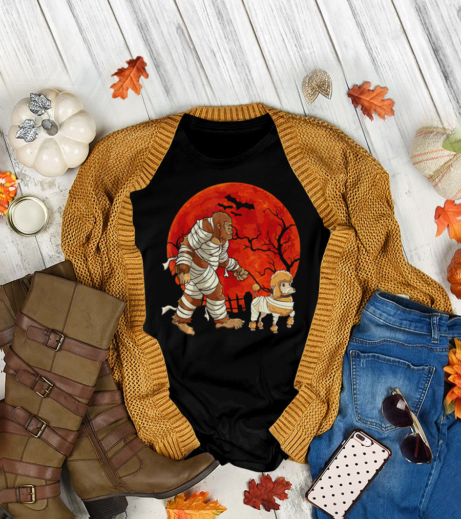 Halloween Bigfoot Mummy Walking Dog in Front of Full Moon and Bats T-Shirt