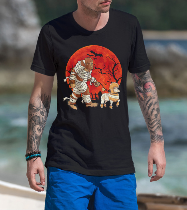 Halloween Bigfoot Mummy Walking Dog In Front Of Full Moon And Bats T-Shirt
