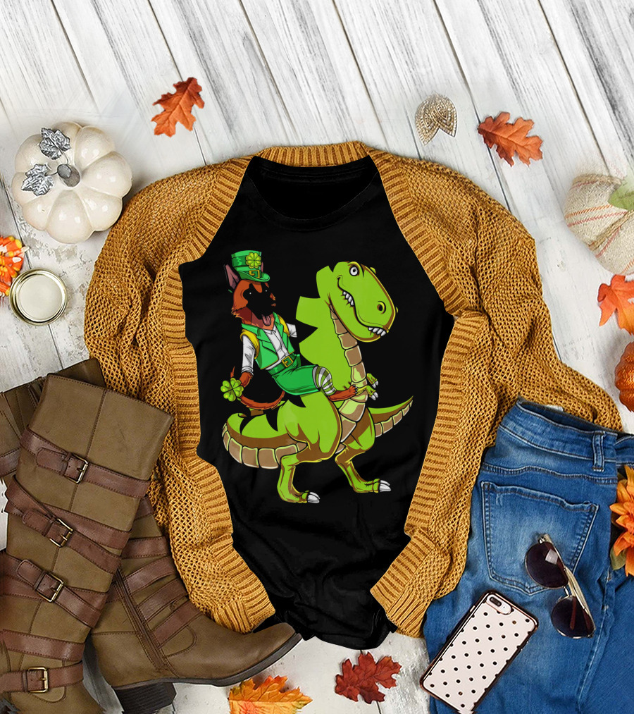 German Shepherd Wearing Leprechaun Costume Riding Rex Dinosaur Holding Clover T-Shirt