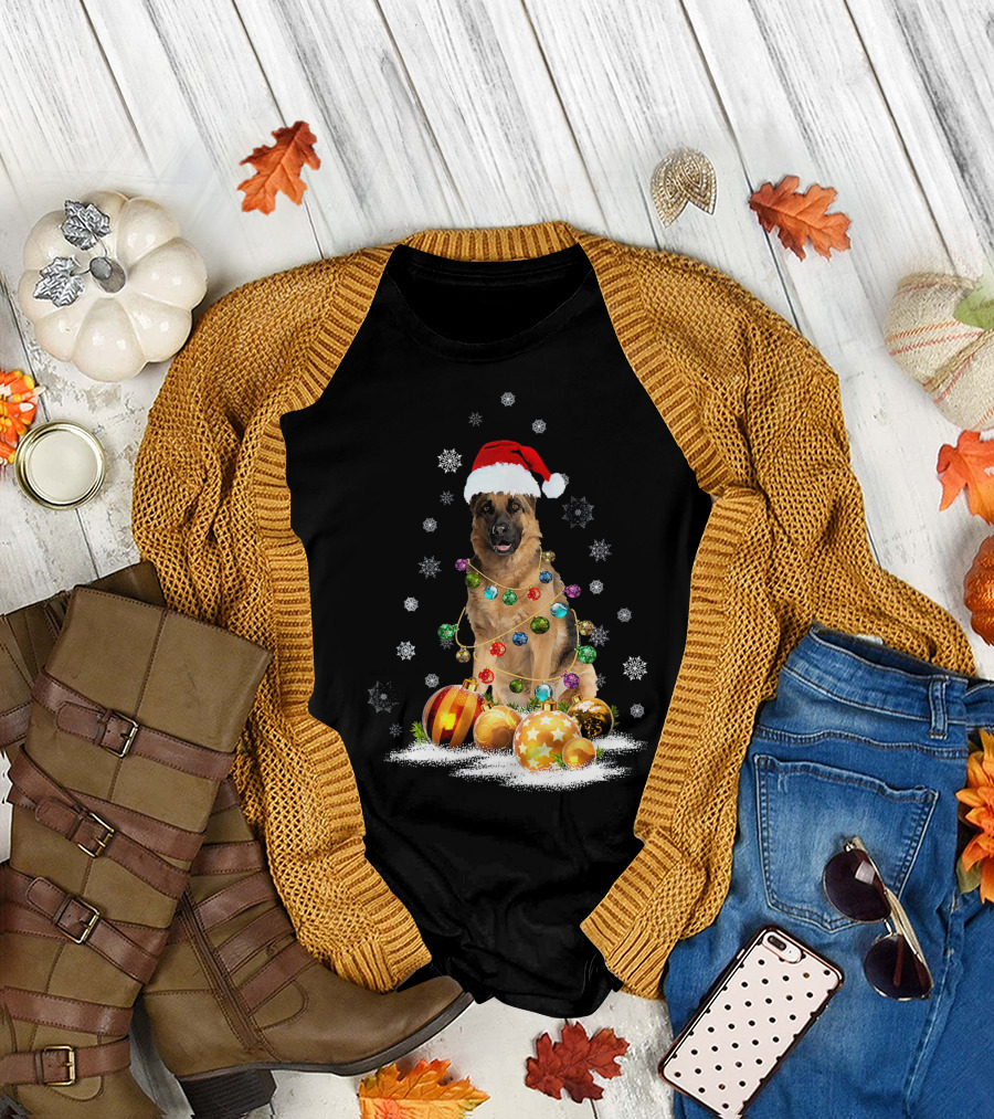 Festive German Shepherd Wrapped in Christmas Lights and Snowflakes T-Shirt