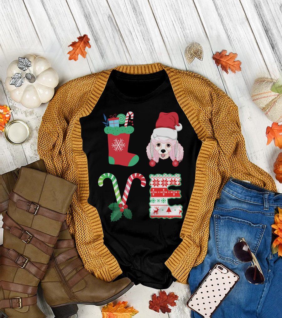 I Love My Poodle Christmas Stocking Candy Cane Hat T-Shirt