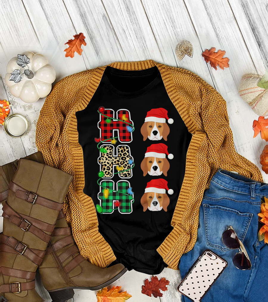 HO HO HO Plaid Leopard Lights Santa Hat Beagle Christmas T-Shirt