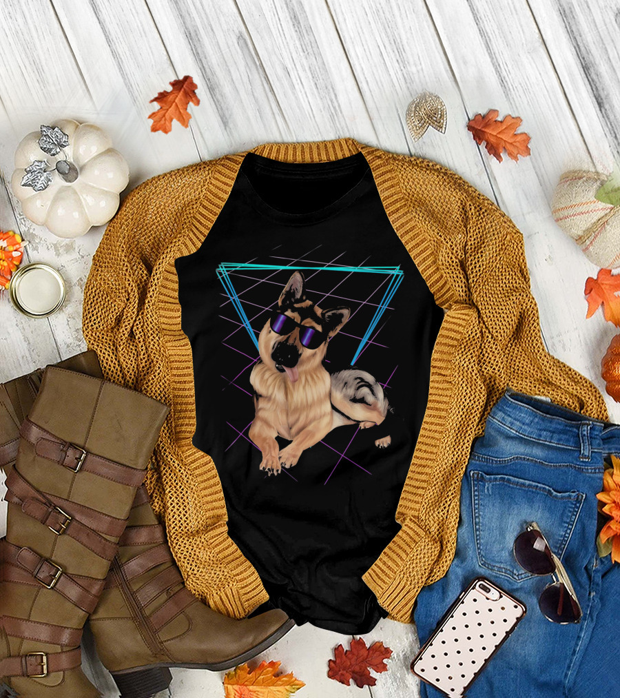 German Shepherd Retro 80s Laser Dog in Neon Sunglasses and Grid Background T-Shirt